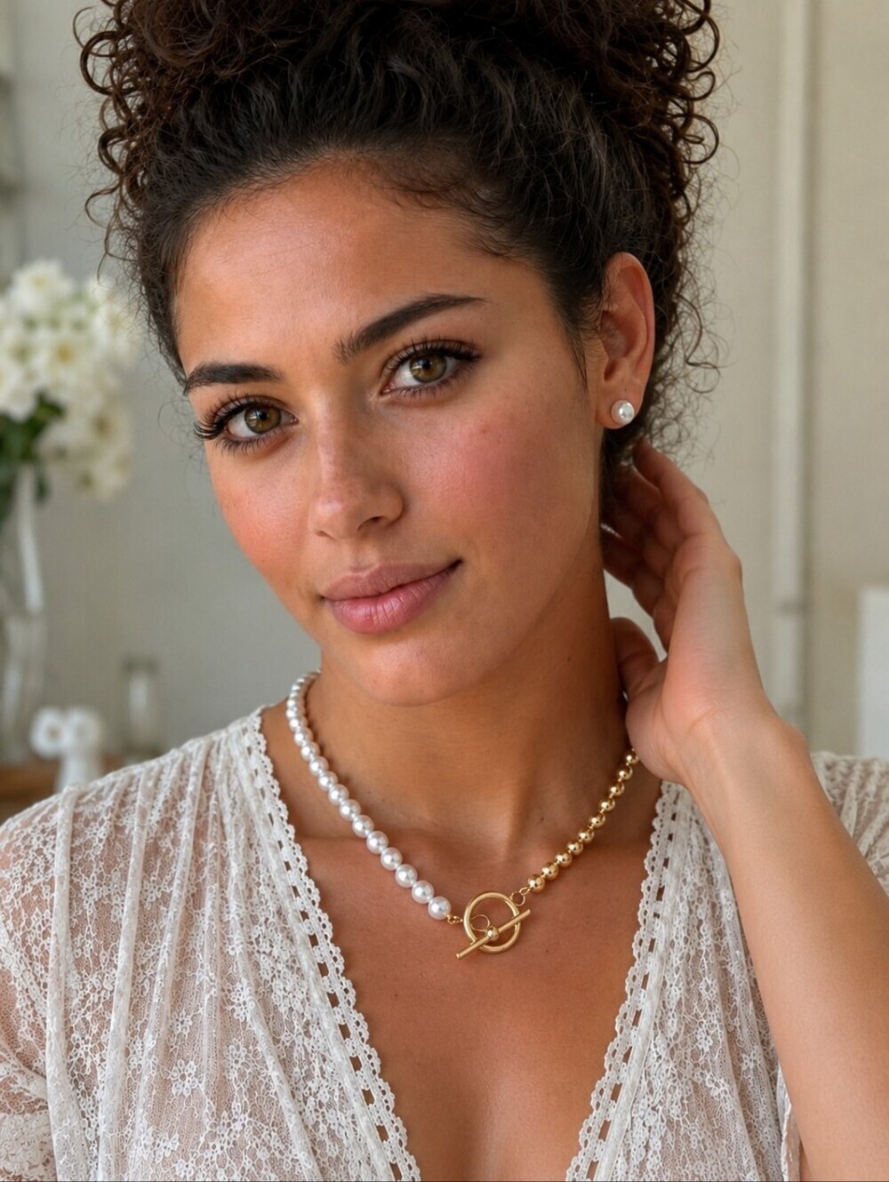 Half Pearl Half Gold Bead Choker Necklace Toggle Clasp Clean Girl Coquette 16"